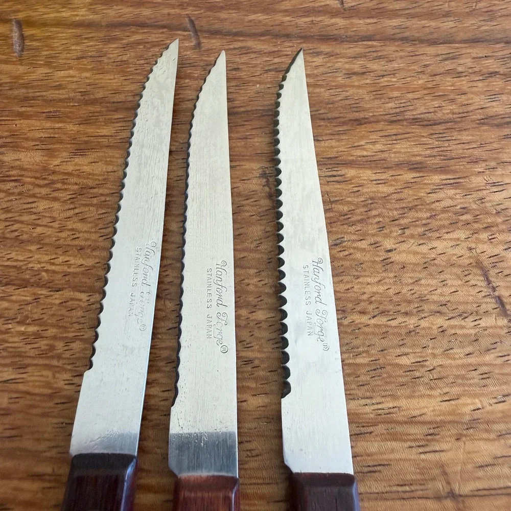 Hanford Forge Steak Knives Set of 3 Serrated Stainless Japan Wood Handle Brass